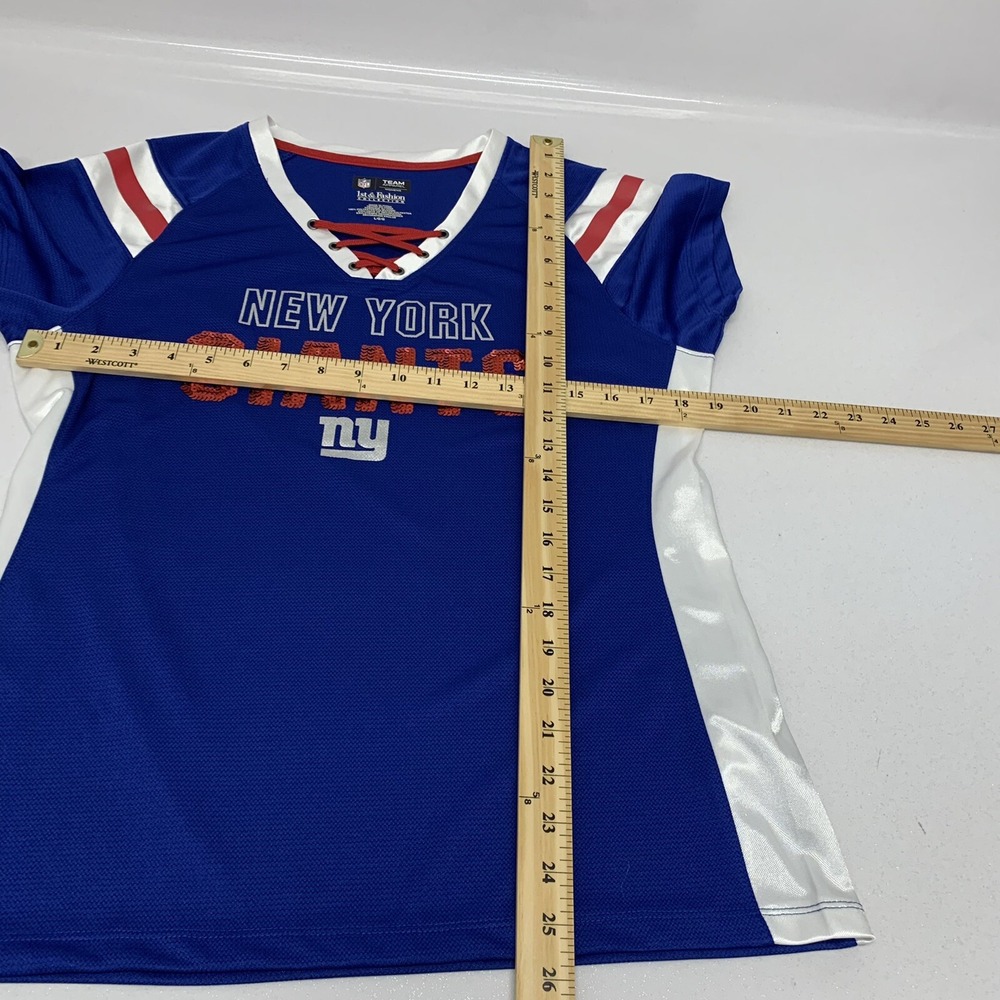 New York Giants Jersey Polo Large Woman Sequins Blue Red NFL Team Apparel V Neck - Picture 10 of 10